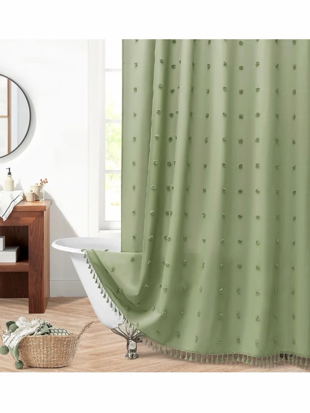 Washable cloth shower curtain. Sage Boho style with tassels. Bathroom home decor